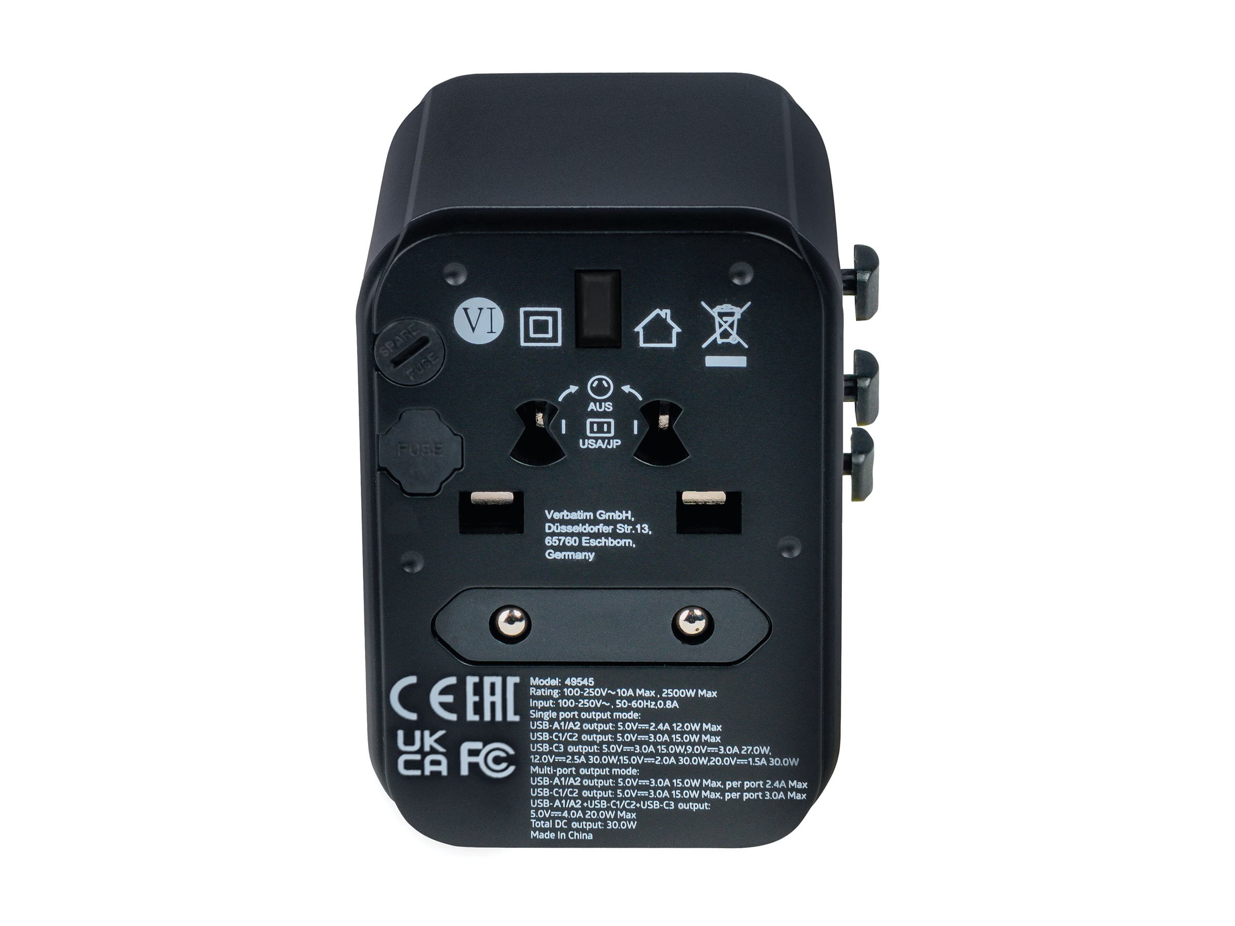 Verbatim UTA-03 Universal Travel Adapter 30W - USB -C, USB-A - 120 V AC, 230 V AC Input - 5 V DC, 9 V DC, 12 V DC, 15 V DC, 20 V DC Output - 3 A