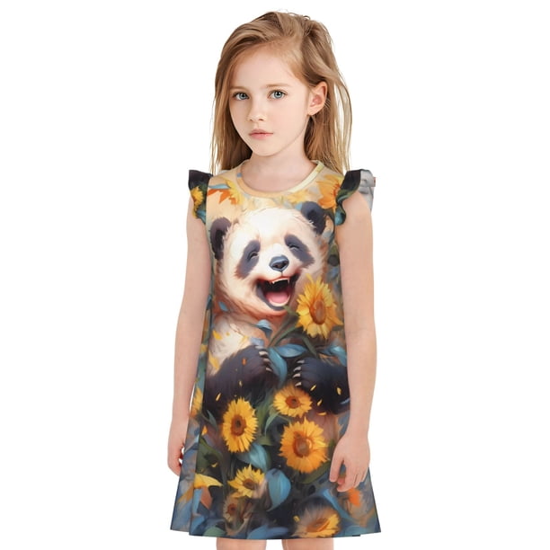 Balery Elegant Cute Panda Sunflower Camisón de princesa para niñas, pijama de algodón con mangas abullonadas, suave y bonito.-Medium