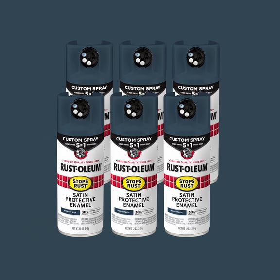 6 Pack, Midnight Blue, Rust-Oleum Stops Rust Custom Spray 5 in 1 Satin Spray Paint-383422, 12 oz