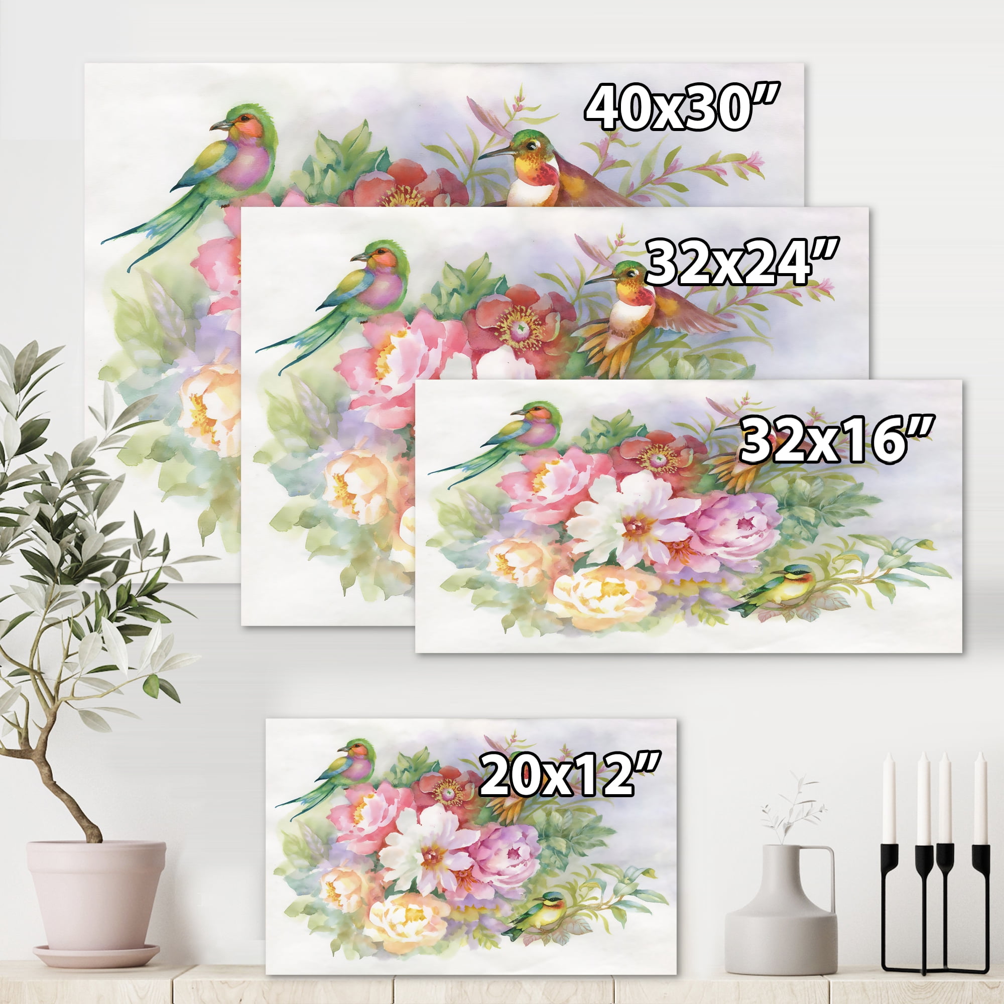 Designart ' Colourful Birds and Vibrant VIntage Flowers ' Traditional Canvas Wall Art Print