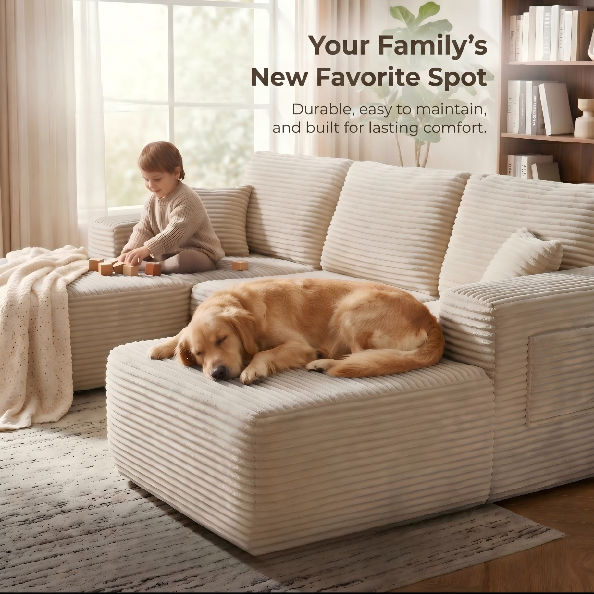104" Premium Corduroy Sectional Sofa with Reversible Chaise, U-Shape Modular Couch with Deep Seating, Pocket Spring Cushions, Side Pockets, Tool-Free Assembly for Living Room, Right Facing (Beige)