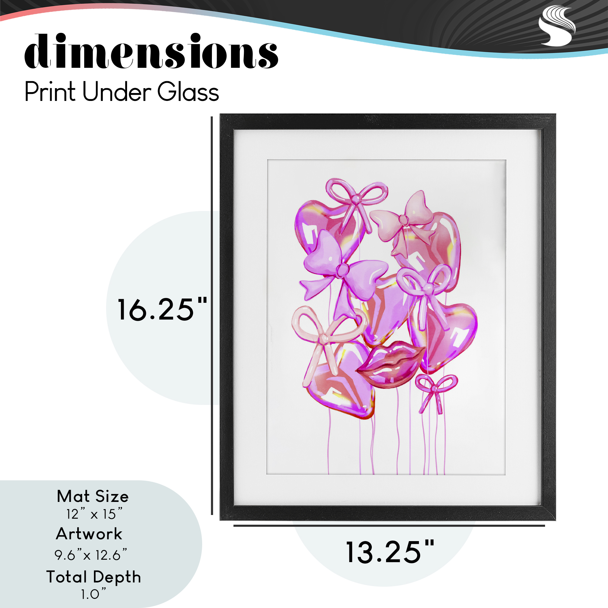 Pink Heart and Bow Balloons Black Framed Print Under Glass, design by Ziwei Li