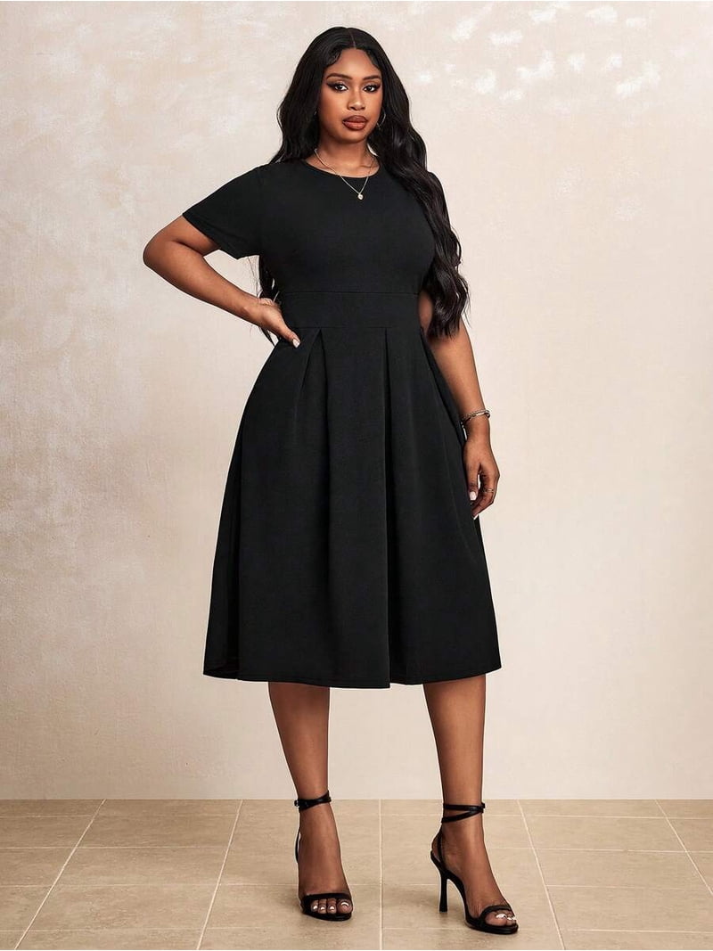 plus size black fit and flare dress & For Triangle Shape Women Office Party Elegant Midi Dress Size:XL (Bust 97 cm)