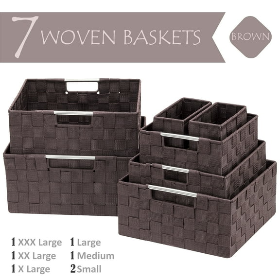 7 Pack Decorative & Durable Woven Fabric Storage Baskets, Shelf & Closet Organization - Brown
