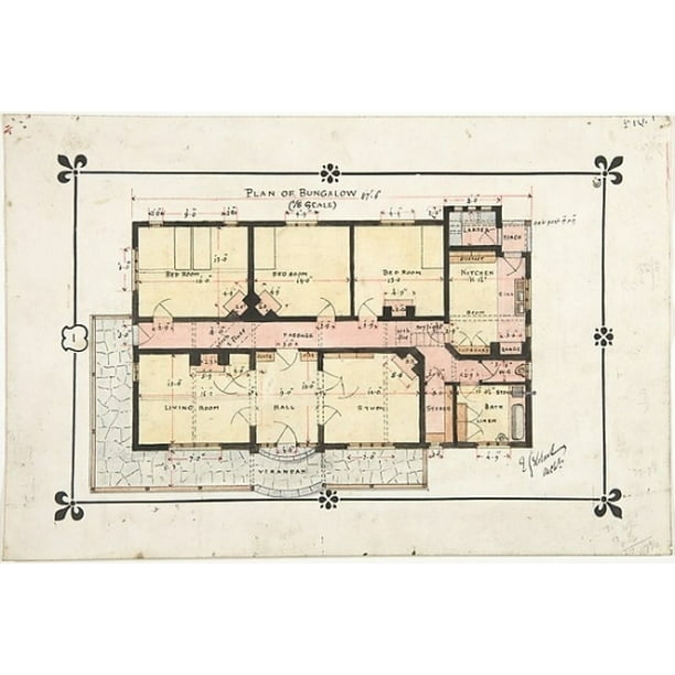 Bungalow drawing Floor Plan Poster Print by Ernest