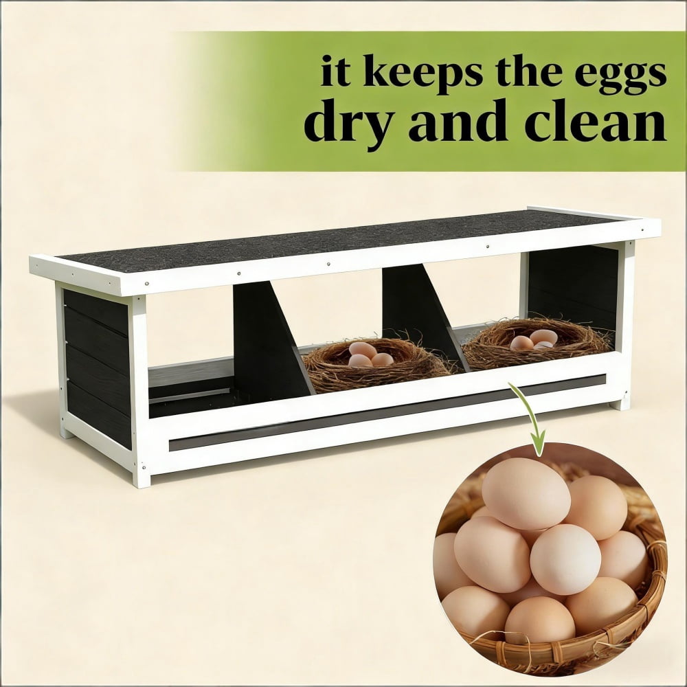 3 Compartment Fir Wood Chicken Nesting Box, Weatherproof Asphalt Roof Poultry Egg Laying House, Open Back Easy Egg Collection Raised Bottom Chicken Nest For Hens