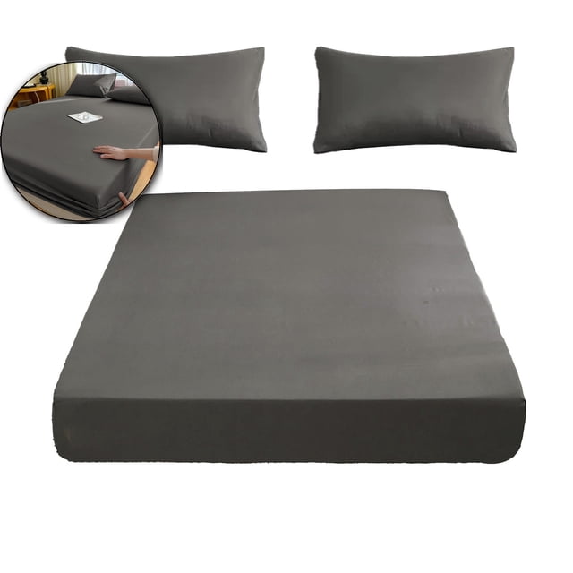 Silk Fitted Sheet Set 3 Pcs, Silk Bed Sheet Set with 16" Deep Pockets, Soft & Cooling Sheets, 1 Fitted Sheet, 2 Pillowcases with Zipper Closure