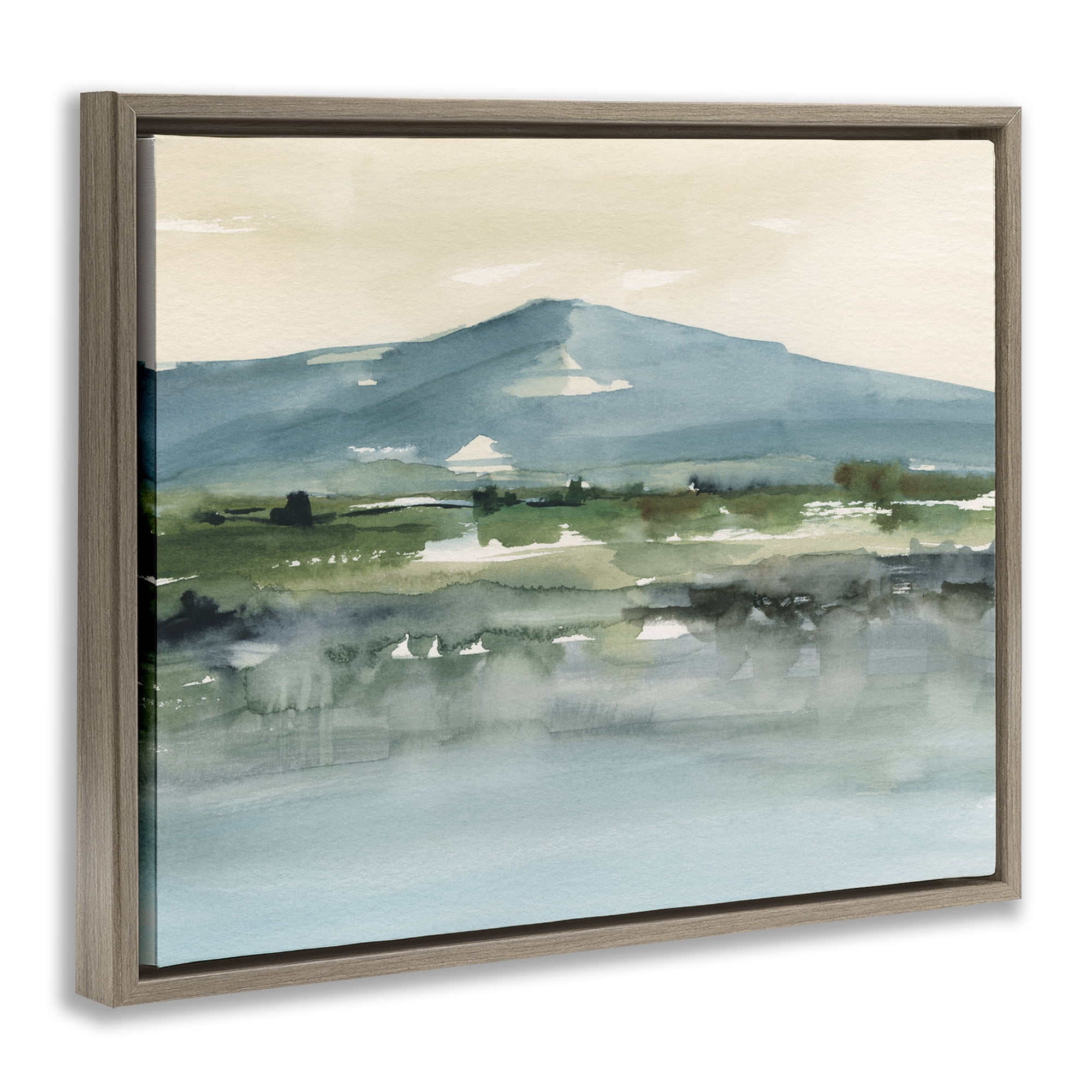 Stupell Industries Blue Mountain Watercolor Landscape & Nature Painting Brown Floater Framed Canvas Art Print Wall Art, 21 x 17