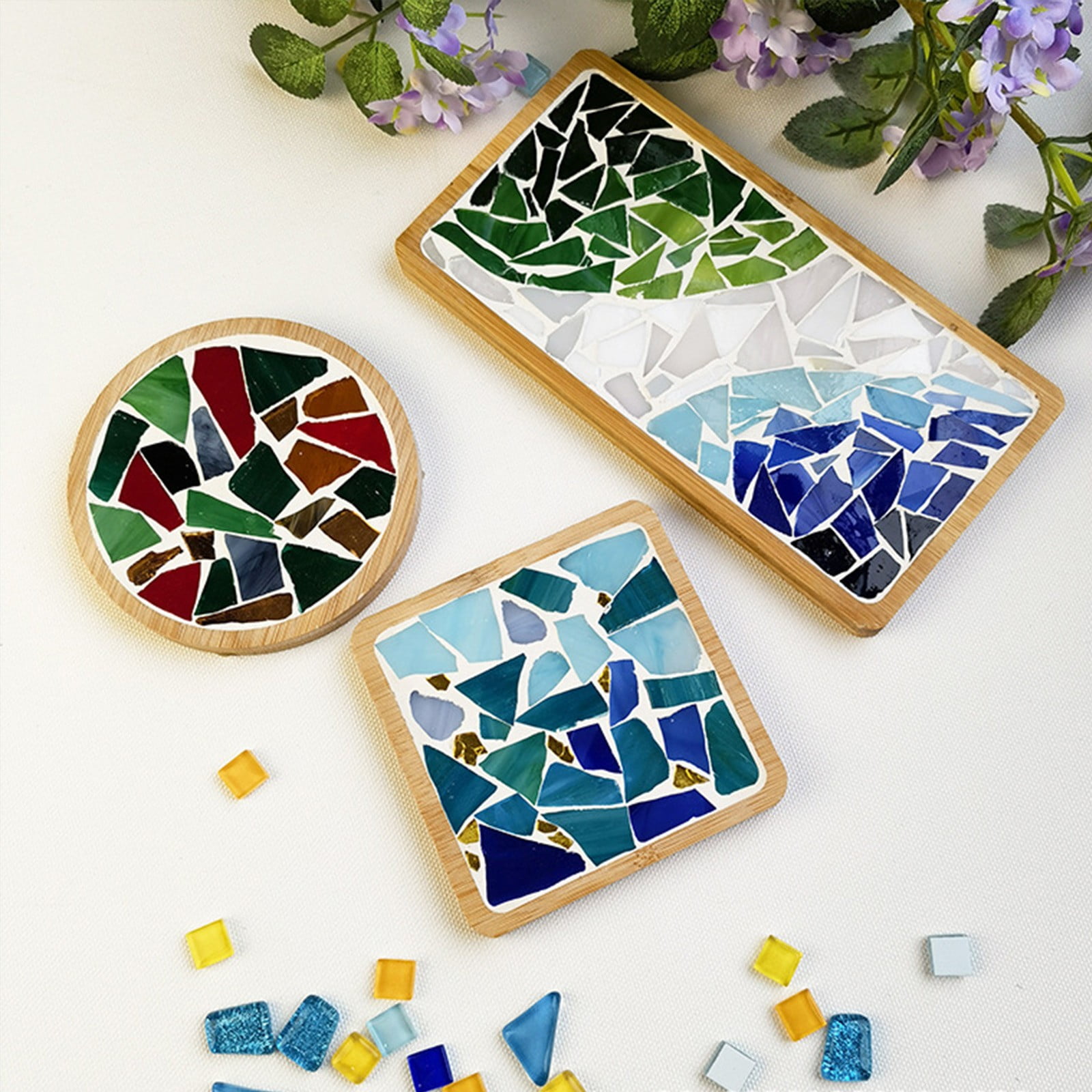 2 Sets DIY Mosaic Tile Kits for Adults - Mixed Color Glass Mosaic Crafts with 2 Wooden Coasters, Stained Glass Art Supplies for Beginners, Women & Kids - Home Decor & Handmade Gift Idea