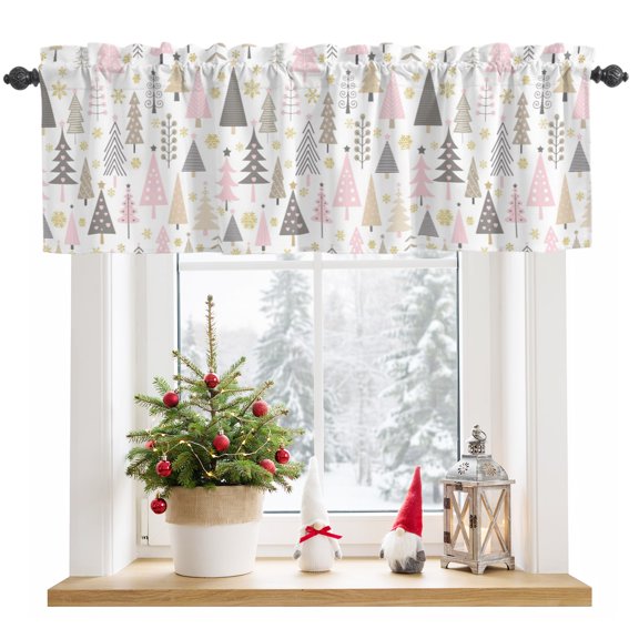 Window Valance for Kitchen, Pink Christmas Trees Rod Pocket Curtain Valances Short Curtains Drapes Panel, Cartoon Winter Snowflake Window Treatment Topper for Living Room Bathroom Bedroom 54x18in