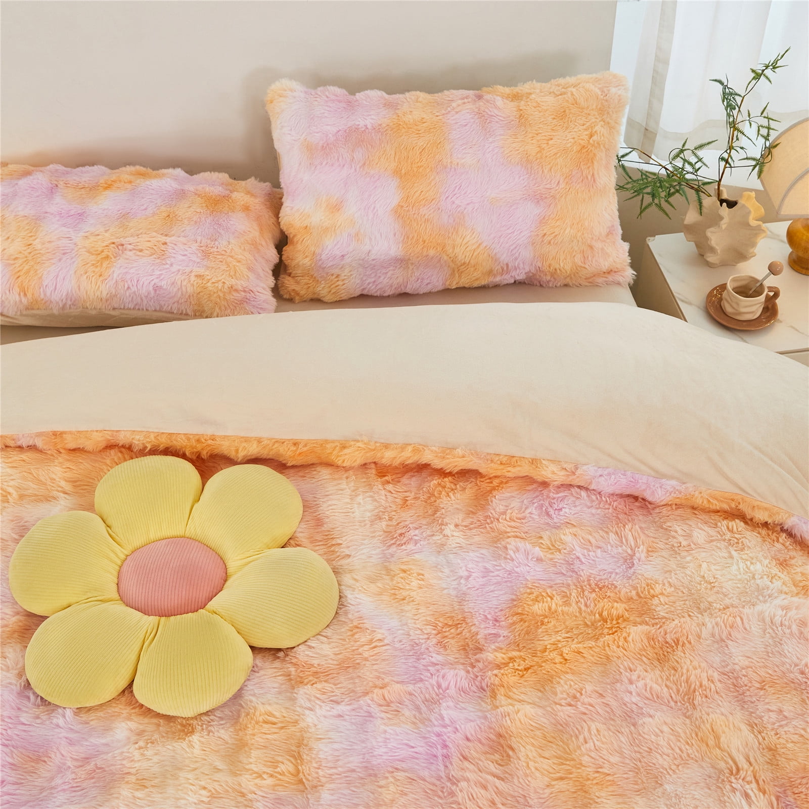 RYNGHIPY Faux Fur Comforter Set Twin for Girls 3Pcs Pink Orange Bubble Bedding Set Tie-Dye Fuzzy Plush Bed Comforter Set for Winter