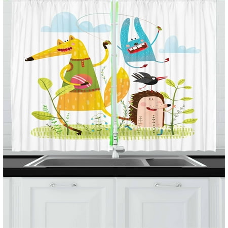 Kids Curtains 2 Panels Set, Fox Hedgehog Crow and Dog Skipping Rope in the Garden Best Friends Children Cartoon, Window Drapes for Living Room Bedroom, 55W X 39L Inches, Multicolor, by (Best Curtains For Living Room)