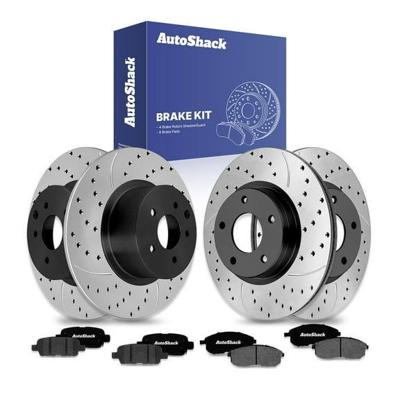 AutoShack Front & Rear Brake Rotors & Ceramic Pads for Nissan, Sentra 2013-2019, FWD L4 1.8L - E-Coated Drilled & Slotted - ShadowGuard
