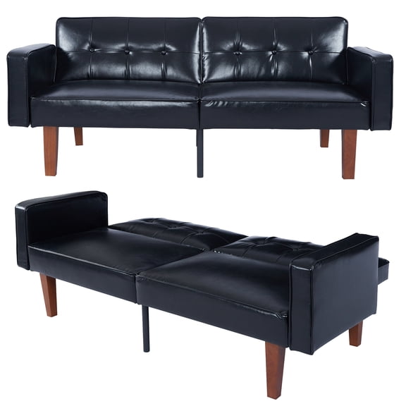 MIKIBAMA 68.Inch Black 2 Seat PU Leather Mid Century Modern Convertible Futon Sofa Bed Tufted Split Back With Solid Wood Legs for Small Spaces