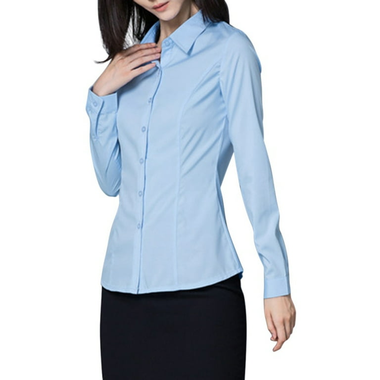 EFINNY Womens Button Down Shirts Long Sleeve Work Dress Shirts, Ladies V Neck Collared Business Casual Blouses,S-5XL, Women's, Size: 3XL, Blue