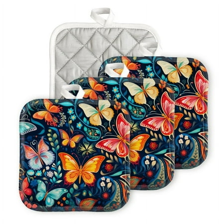 

BaHomeck Pot Holders 4pcs dacron Made Square heat-resisting mat Machine Washable for Kitchen Oven Hot Pads 6.7inch*6.7inch Vibrant And Colorful Pattern Featuring Butterflies In Various Sizes