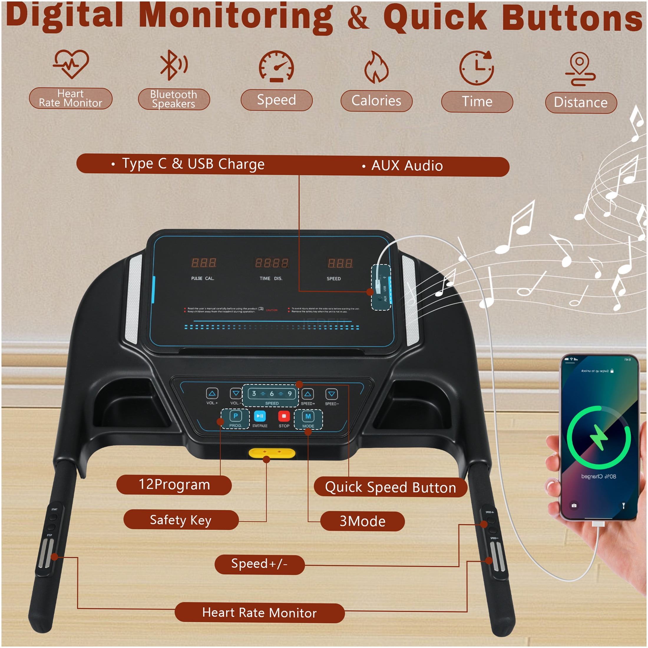 JERFIT Auto-Folding Electric Treadmill for Home, 3.5HP Powerful Motor, 350lbs Capacity, 10MPH Speed, 6% Manual Incline, Bluetooth Speaker, USB/Type-C Charging, Heart Rate Monitoring