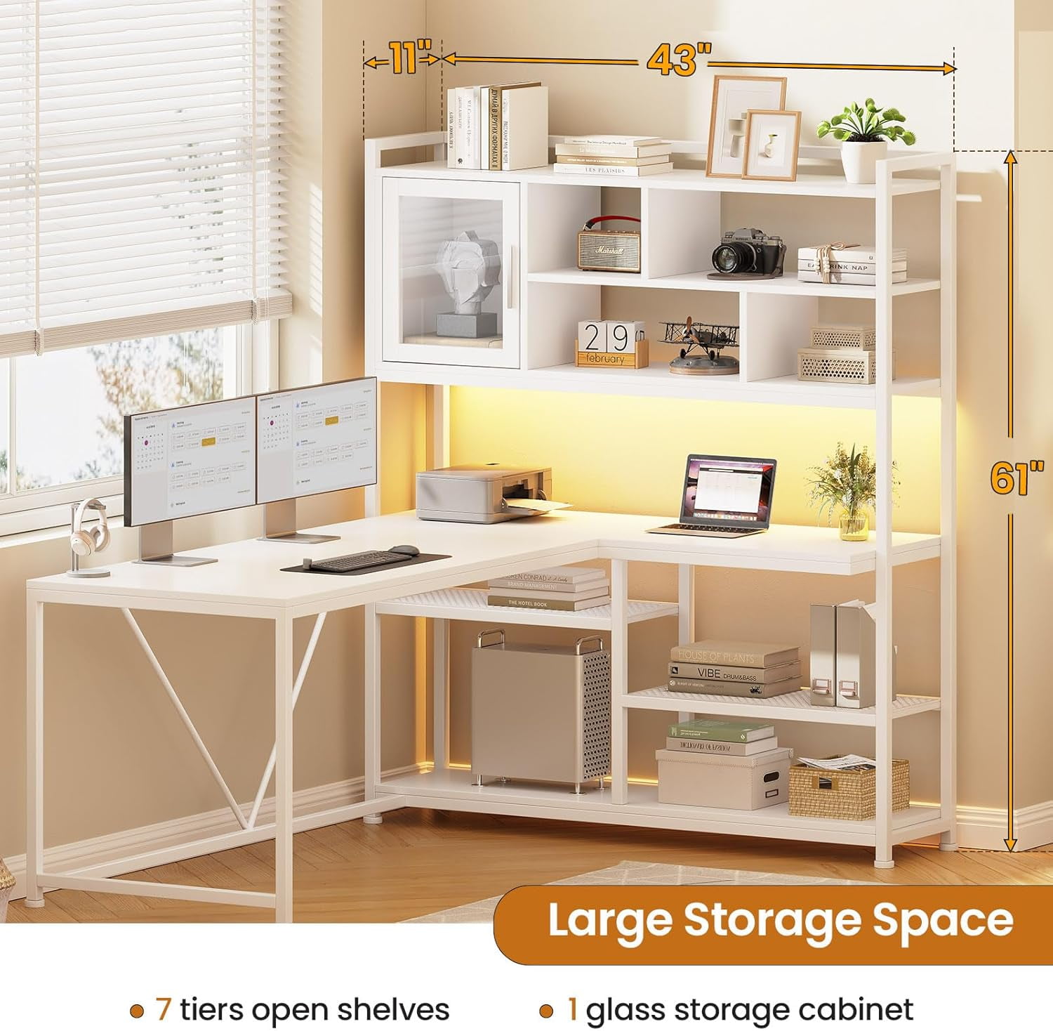 L-Shaped Computer Desk with LED Lights & Hutch, Corner Gaming Desk with 7-Tier Storage Shelves for Bedroom, Save Space, White