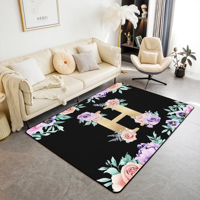Erosebridal Initial Letter H Rugs For Bedroom 4'11" x 3'3", Floral Flower Living Room Carpet, Monogrammed Bedroom Rugs, Living Room Rug Bedroom Decoration, Non Slip