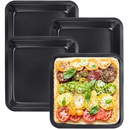 

BUZIFU 4 Pack 8 Inch Square Cake Pan Nonstick Bakeware Carbon Steel Toast Mold Baking Tray for Cakes Bread Pizza