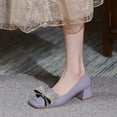 thumbnail image 4 of YDN Women Square Toe Double Rhinestone Bow Pumps Low Chunky Heel Slip On Shoes for Wedding Club Event Size 5.5 Lavender, 4 of 4
