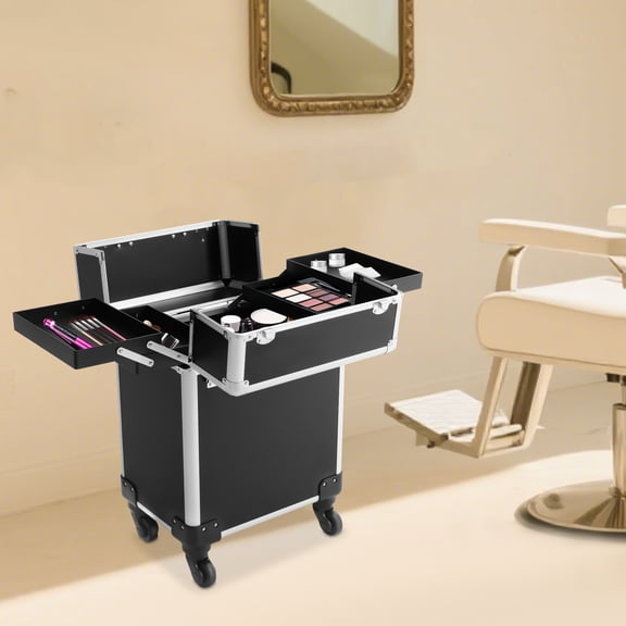 Rolling Makeup Travel Case, Cosmetic Trolley with Keys, Hairdressing Travel Case for Professional Makeup Artists, Hair Stylists, Embroiderers and Nail Technicians.