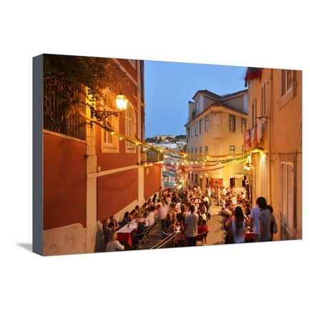 A Restaurant in the Calcada Do Duque, with a View to Sao Jorge Castle at Twilight. Lisbon, Portugal Stretched Canvas Print Wall Art By Mauricio