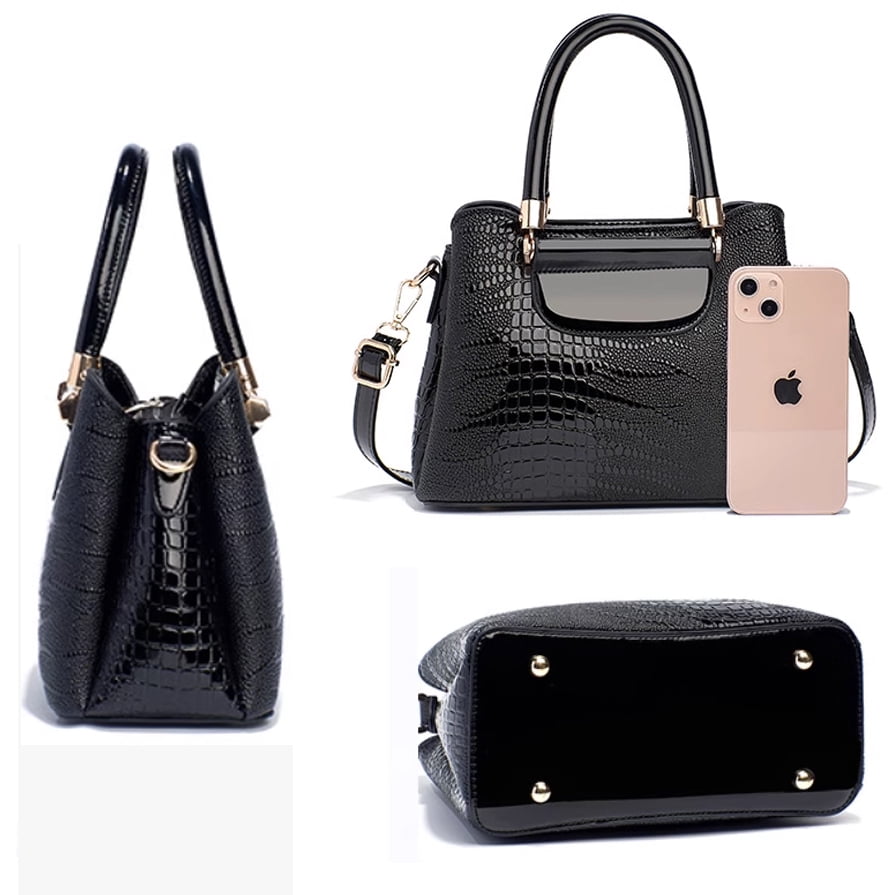 PORT&LOTUS Medium Size Glossy PU Leather Top Handle Crossbody Tote Purses for Women Simple Large Capacity Black Crocodile Pattern Shoulder Handbags for Women with Compartments For Mom