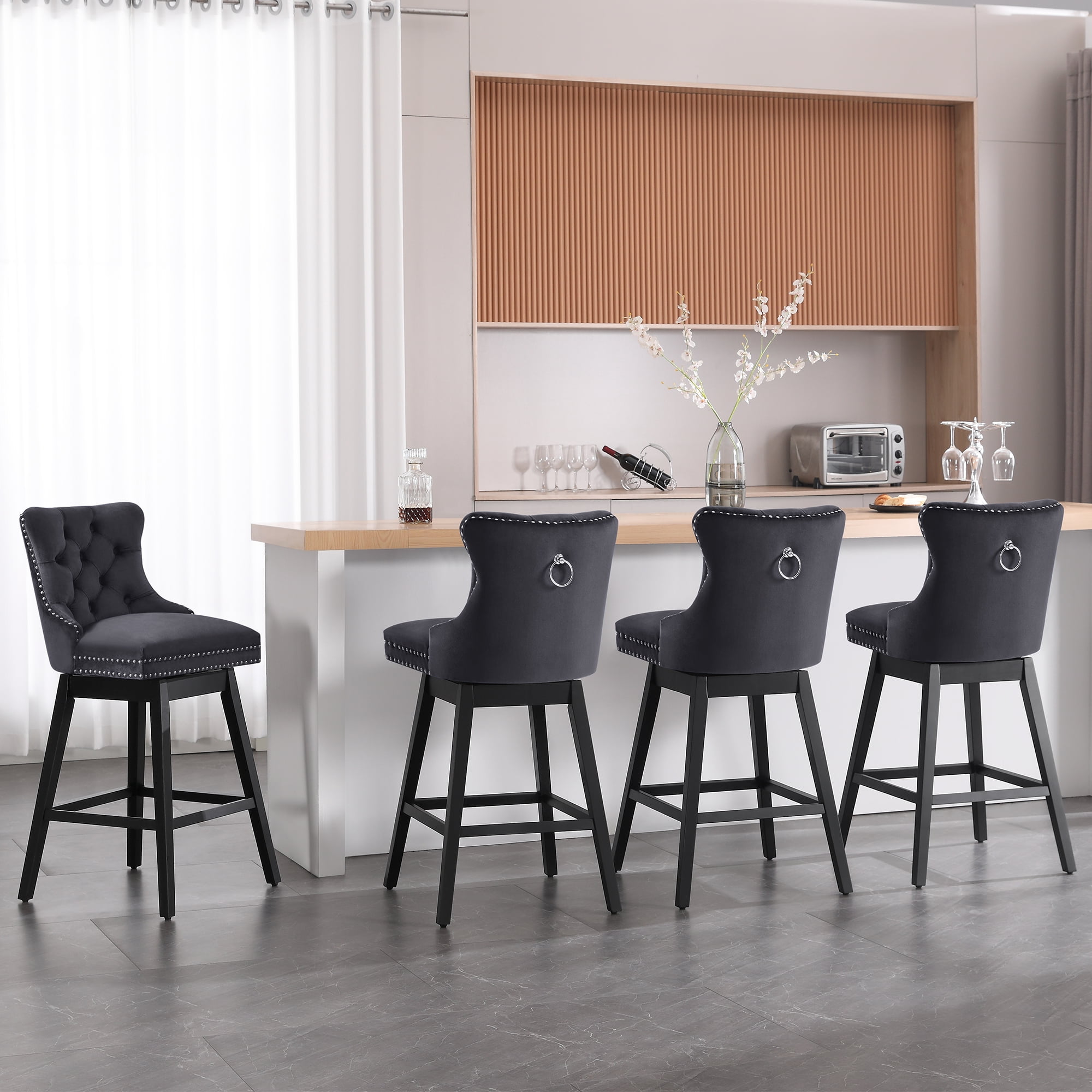 Tewloss 30" Swivel Bar Stools Set of 4 With Back Velvet Bar Height Chairs for Home Kitchen, Black