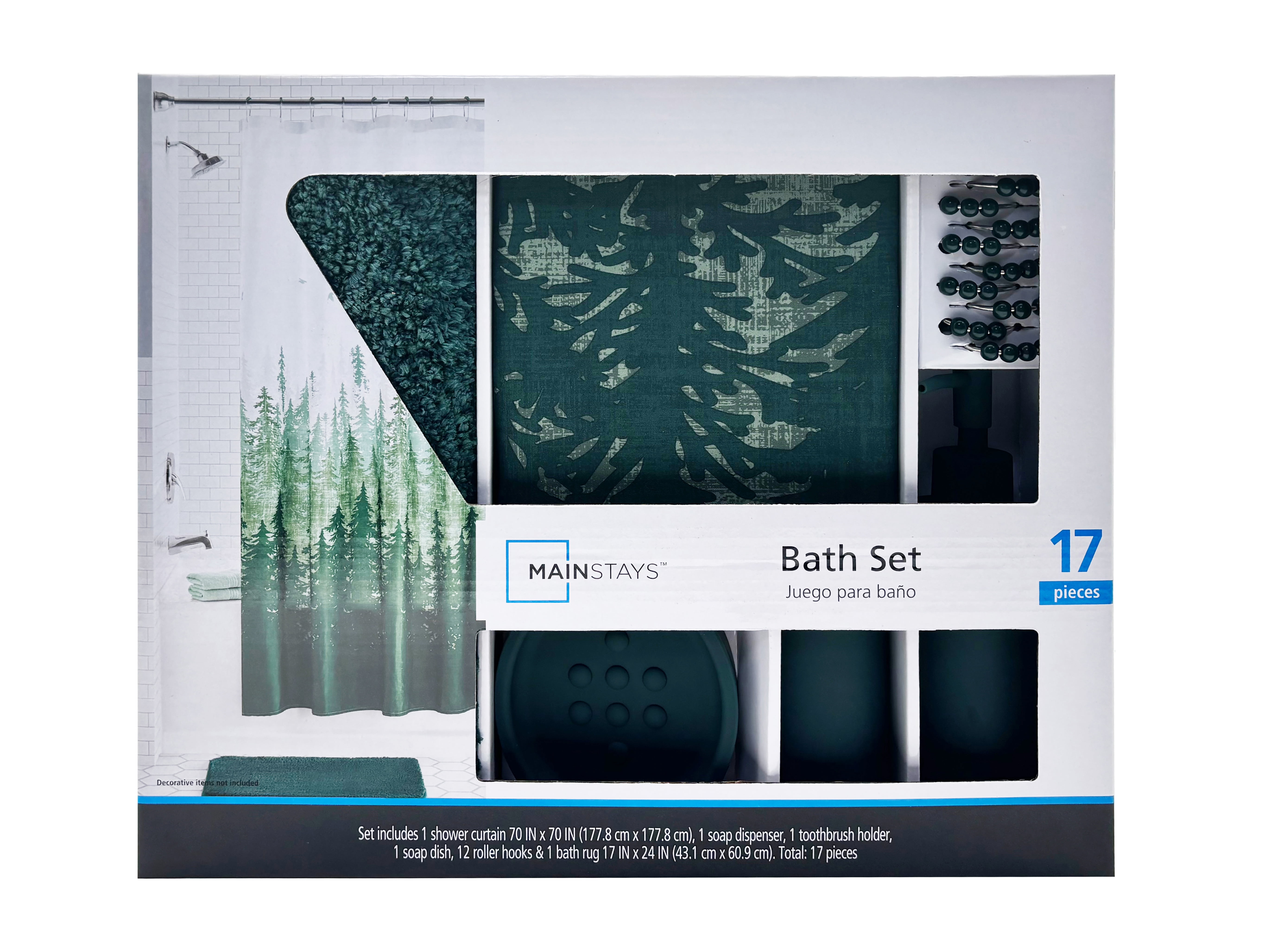 Mainstays 17-Piece Green Trees Polyester/Plastic Shower Curtain & Bathroom Accessory Set