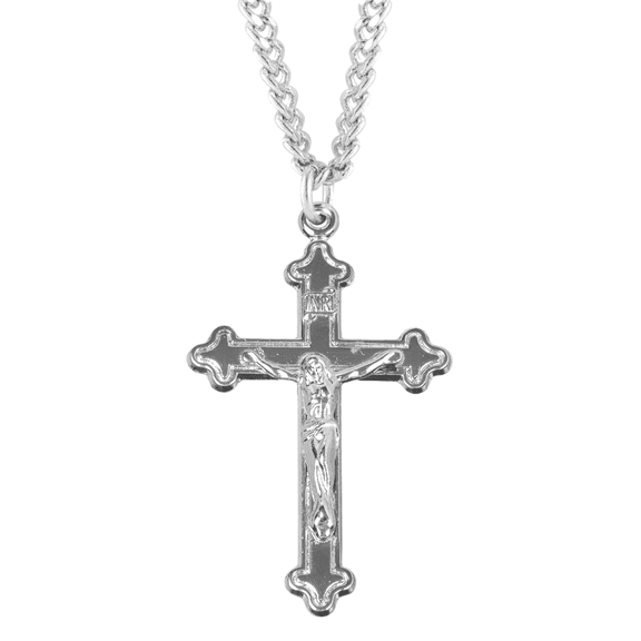 Sterling Silver High Polished Budded Crucifix Pendant Necklace, 1.5" x 0.9", 24" Endless Rhodium Plated Stainless Steel Chain, Made in USA- Deluxe Velvet Gift Box Included
