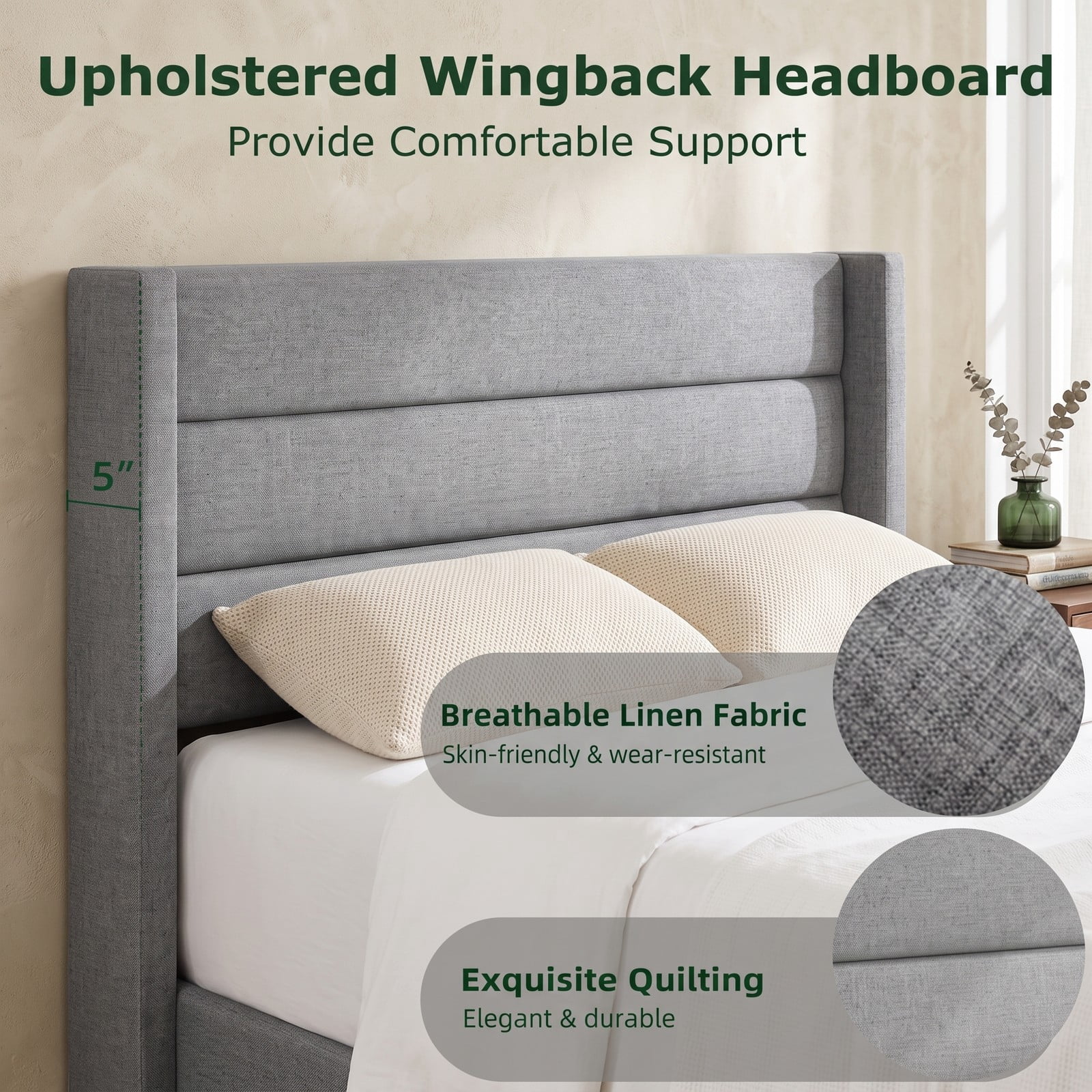 Furnibear Queen Bed Frame with Headboard, Linen Upholstered Platform Bed Frame with Wingback Channel Headboard and Wood Slats, Gray