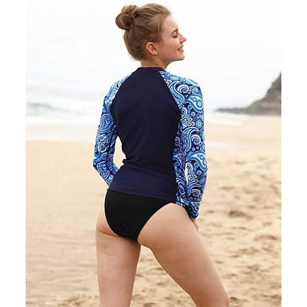 Charmo Women Long Sleeve Rash Guard Swimsuit Colorblock Swim Shirts Printed  UV Shirts 