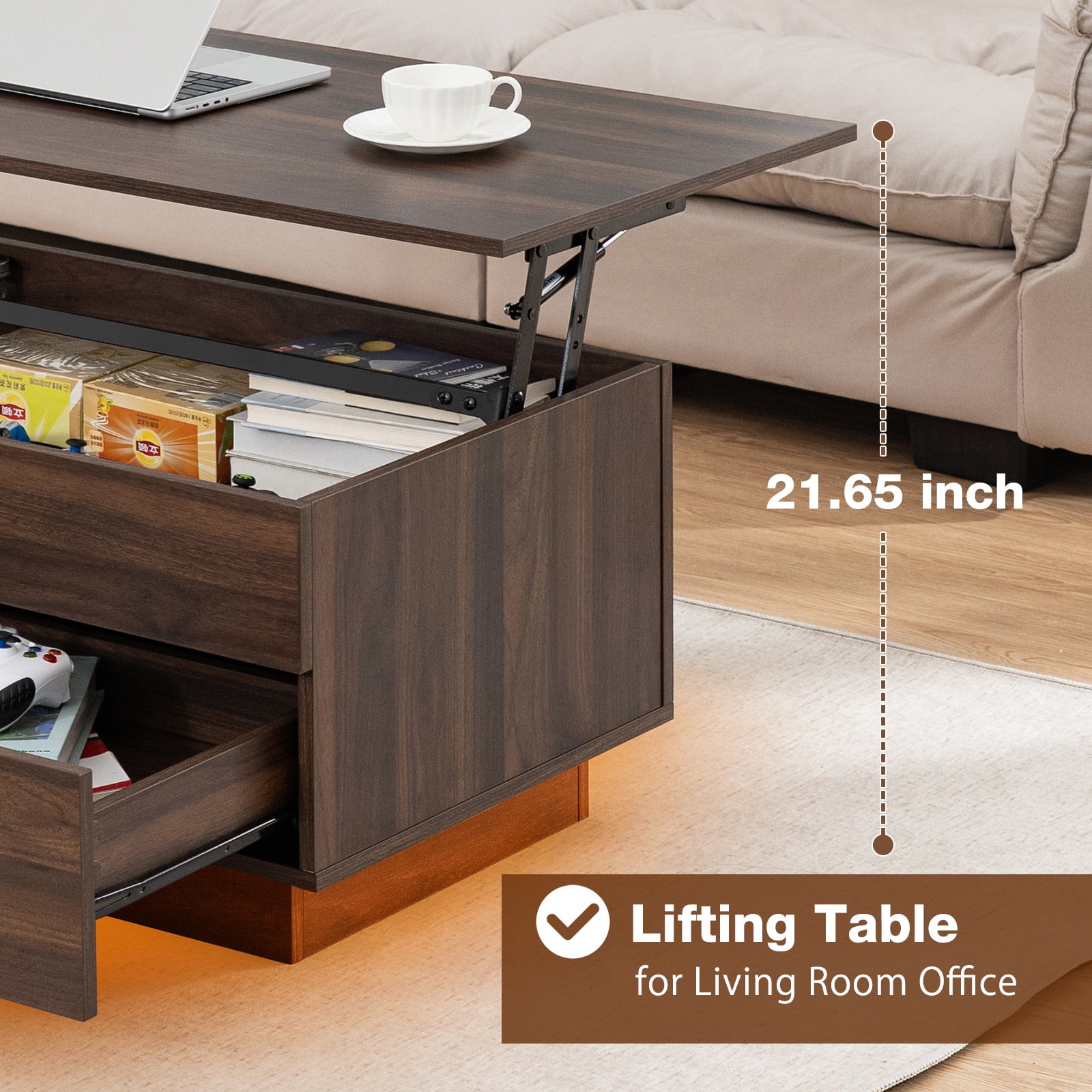 Hommpa LED Coffee Table with Lift Top and 2 Drawers, Hidden Compartment for Living Dining Room Walnut Sofa Side End Table