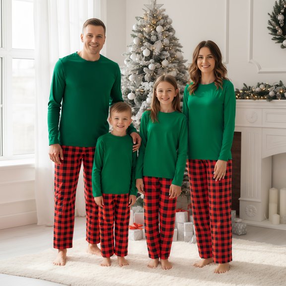 AIGUR Matching Christmas Pajamas for Family Long Sleeve Solid Color Pullover   Plaid Pants Set Loungewear