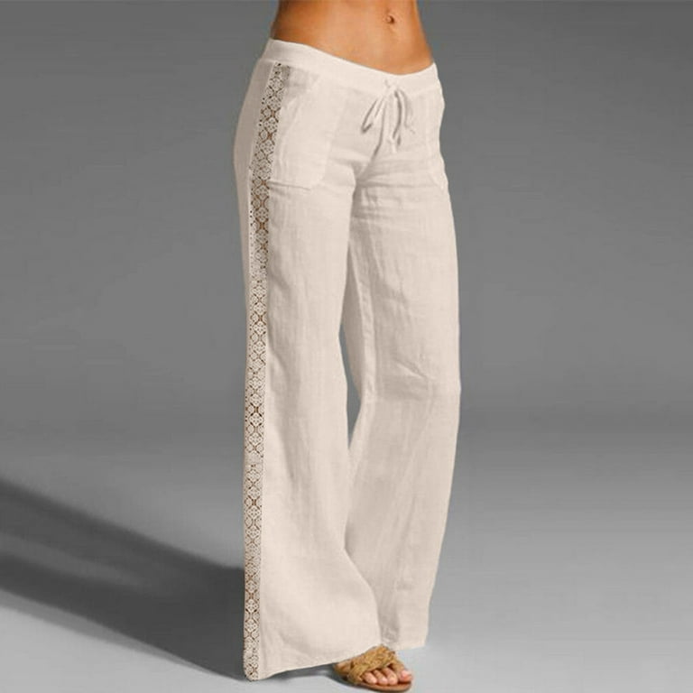 Cotton Linen Lace Up Wide Leg Women's Pants Elastic Waist Solid
