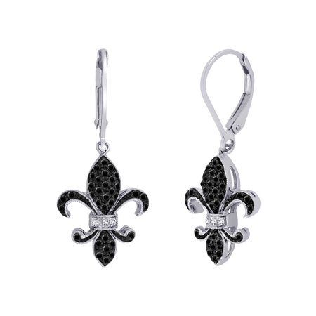 Lever Back Black And White Diamond Fleur De Lis Earrings In Lever Back Black And White Diamond Fleur De Lis Earrings In Sterling