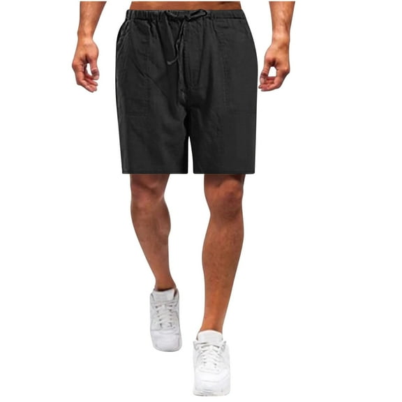 HOOMEUMY Men's Summer Beach Shorts Linen Cotton Elastic Waist Solid Color Bermuda Short Pants with Pockets Black 12