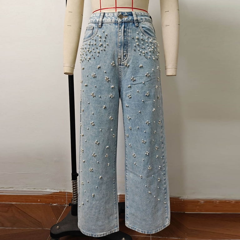 Women's Wide Leg Baggy Jeans Pearl Rhinestone Decorated Straight