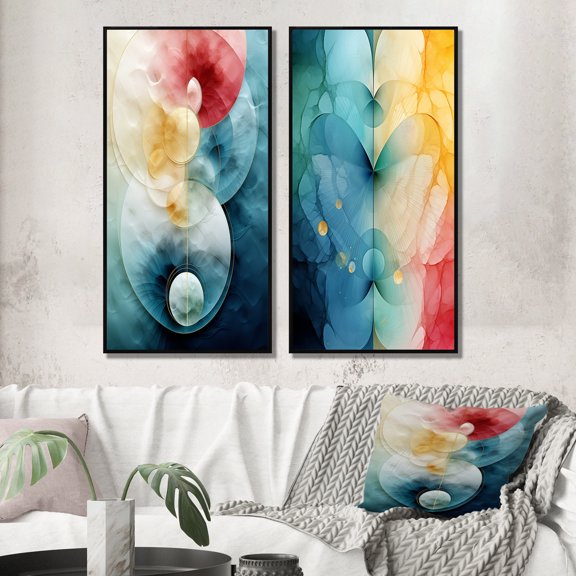 Designart "Turquoise Abstract Retro Wisdom Geometry" Modern Geometric Framed Wall Art Set Of 2 - Modern Turquoise Framed Wall Art Set Of 2