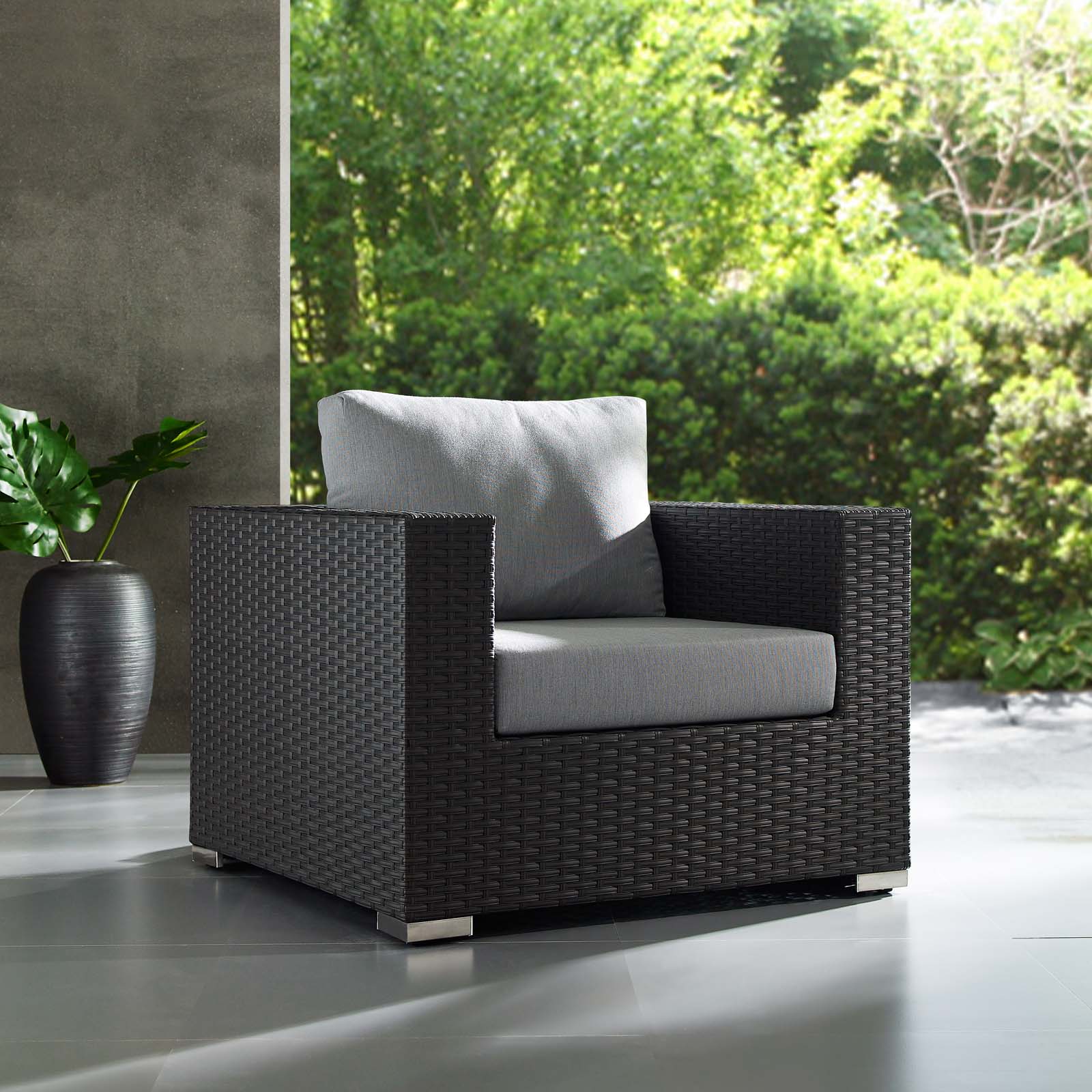 Modern Contemporary Urban Design Outdoor Patio Balcony Garden Furniture Lounge Chair Armchair, Sunbrella Rattan Wicker, Grey Gray - image 2 of 4