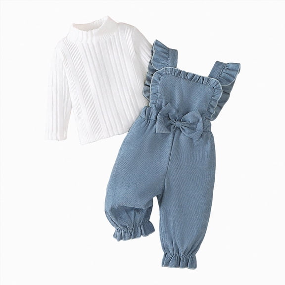 mgoYE Newborn Baby Girl Fall Outfits 6 9 12 18 24M Ribbed Long Sleeve Rompers Suspender Overalls Pants Sets Infant 2Pcs Clothes(Blue,6-9 Months)