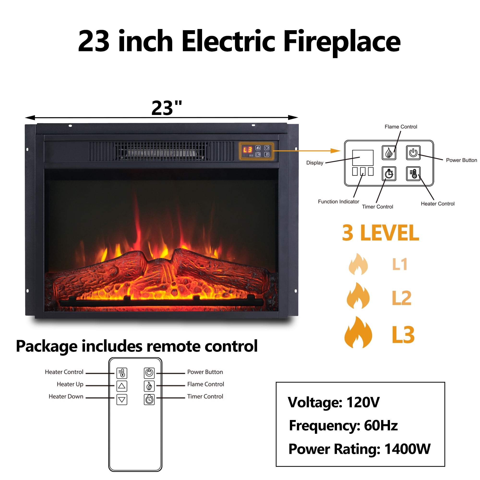 wow97e Fluted Fireplace TV Stand for TVs Up to 75 Inch with 23" Electric Fireplace, Modern Entertainment Center w/Waveform Panel Sliding Door & Adjustable Shelves for Living Room