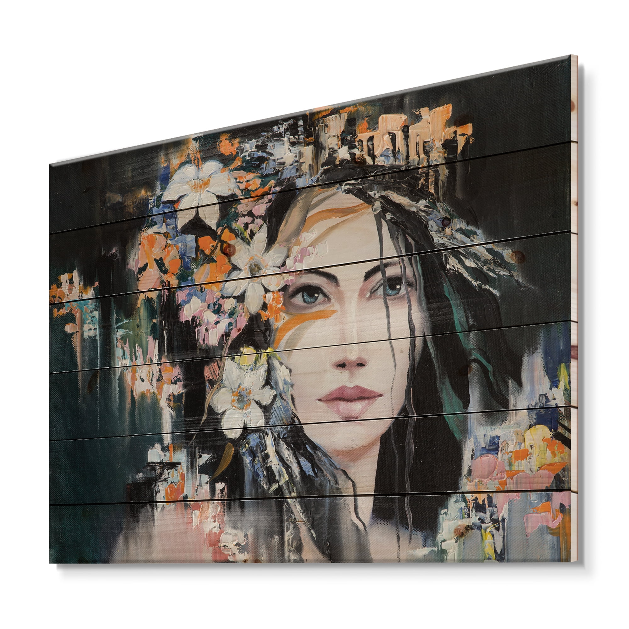 Designart 'Portrait Of A Young Woman With Flowers I' Modern Print on Natural Pine Wood