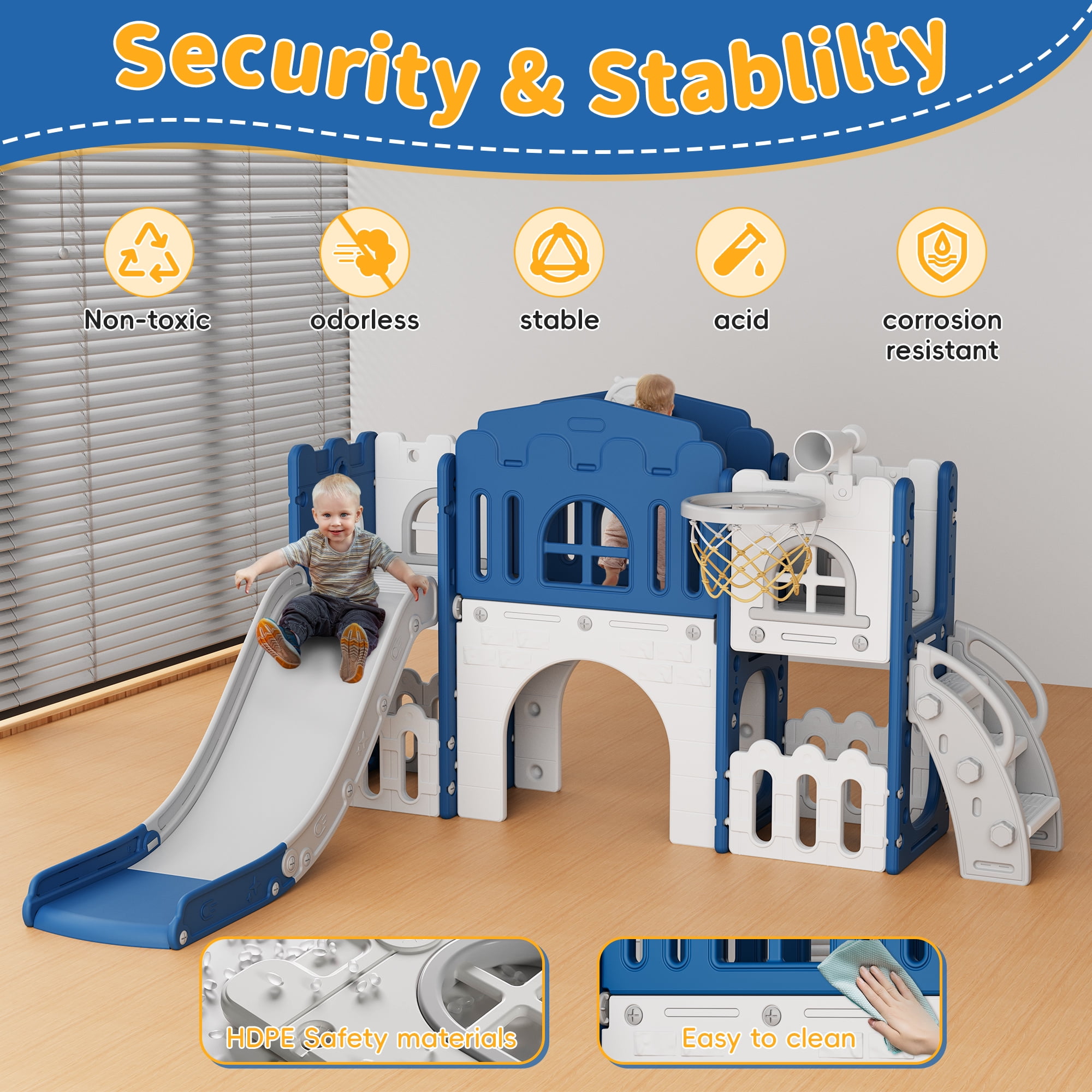 WFUN 9 in 1 Toddler Slide PlaySet for kids indoor/outdoor for Toddlers Age 1+, Blue & Gray