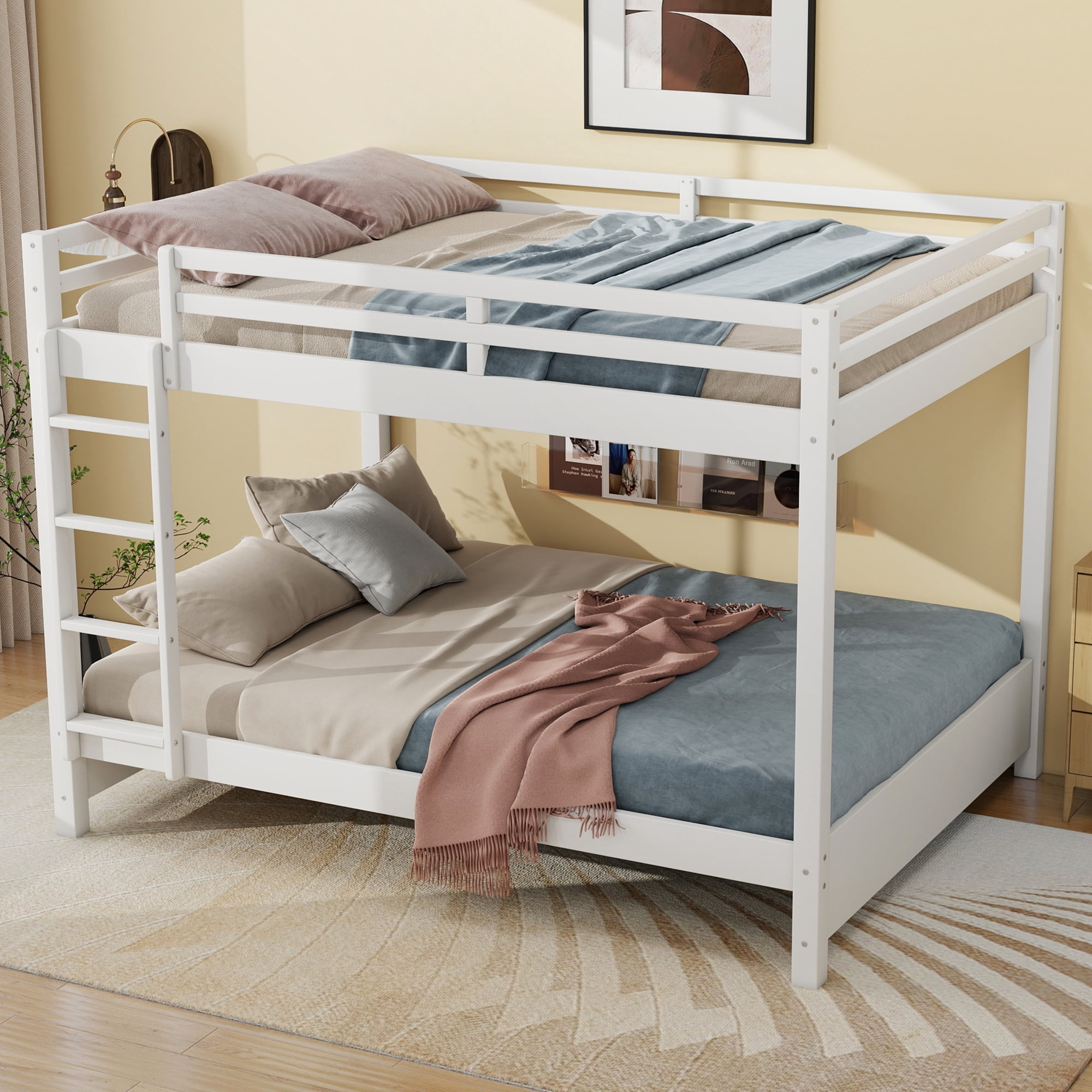 Euroco Wood Queen over Queen Bunk Bed for Kids Teens Adults, White