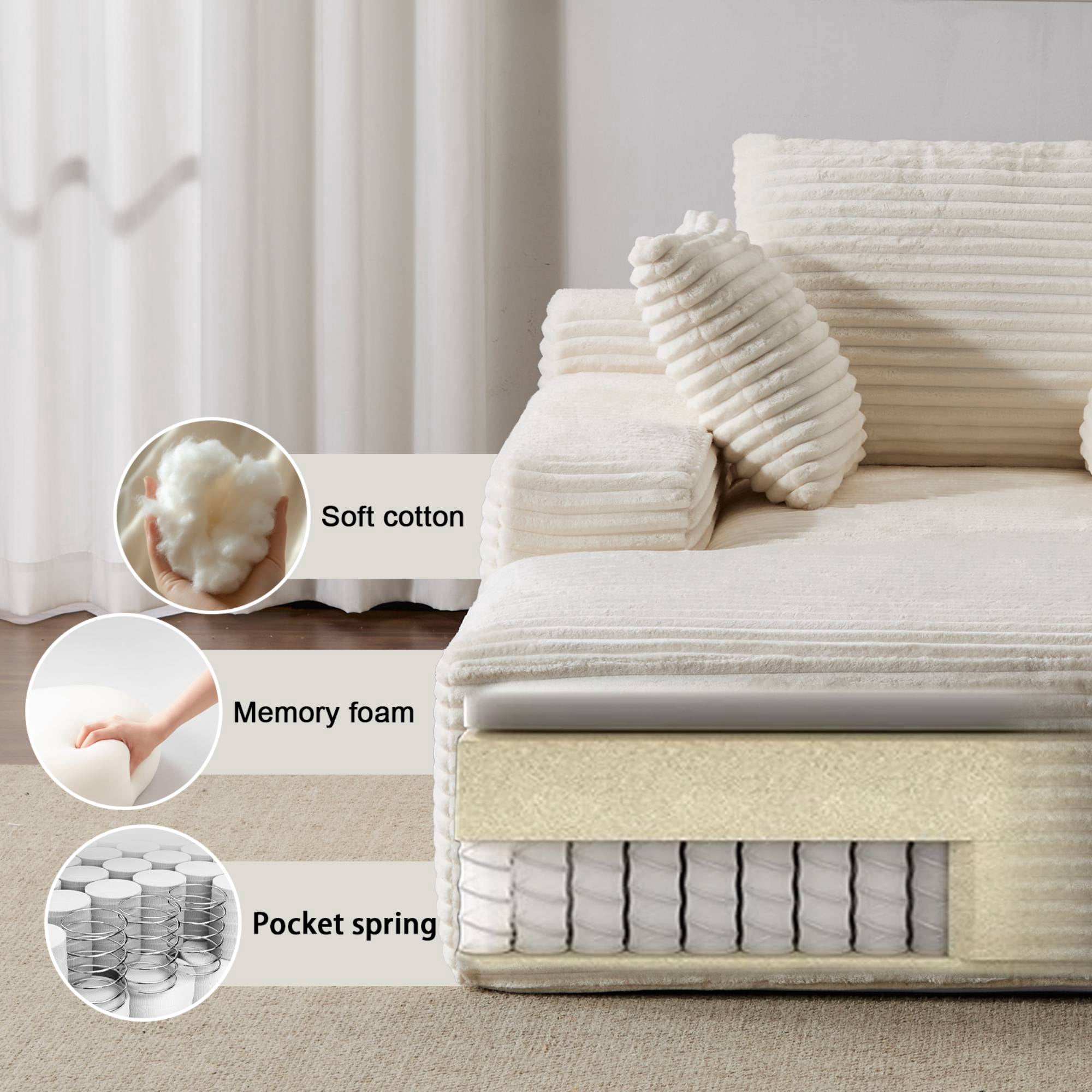 Oversized Chaise Lounge Sofa Chair, Comfy Cloud Sofa Bed, Sleeper Couch with Throw Pillows or Living Room, White