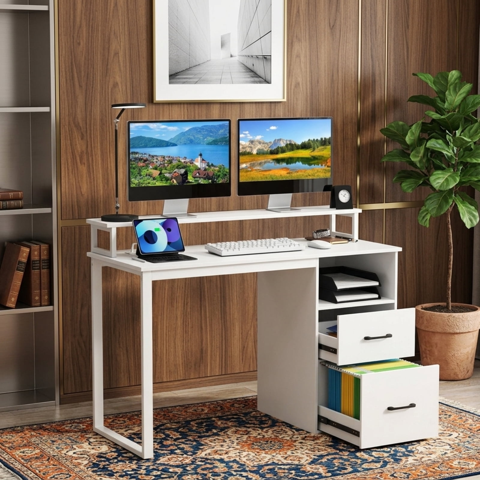 Furnibear Computer Desk with Power Outlets and File Drawer, Modern Home Office Desk with Monitor Stand and Metal Frame for Study Room, White