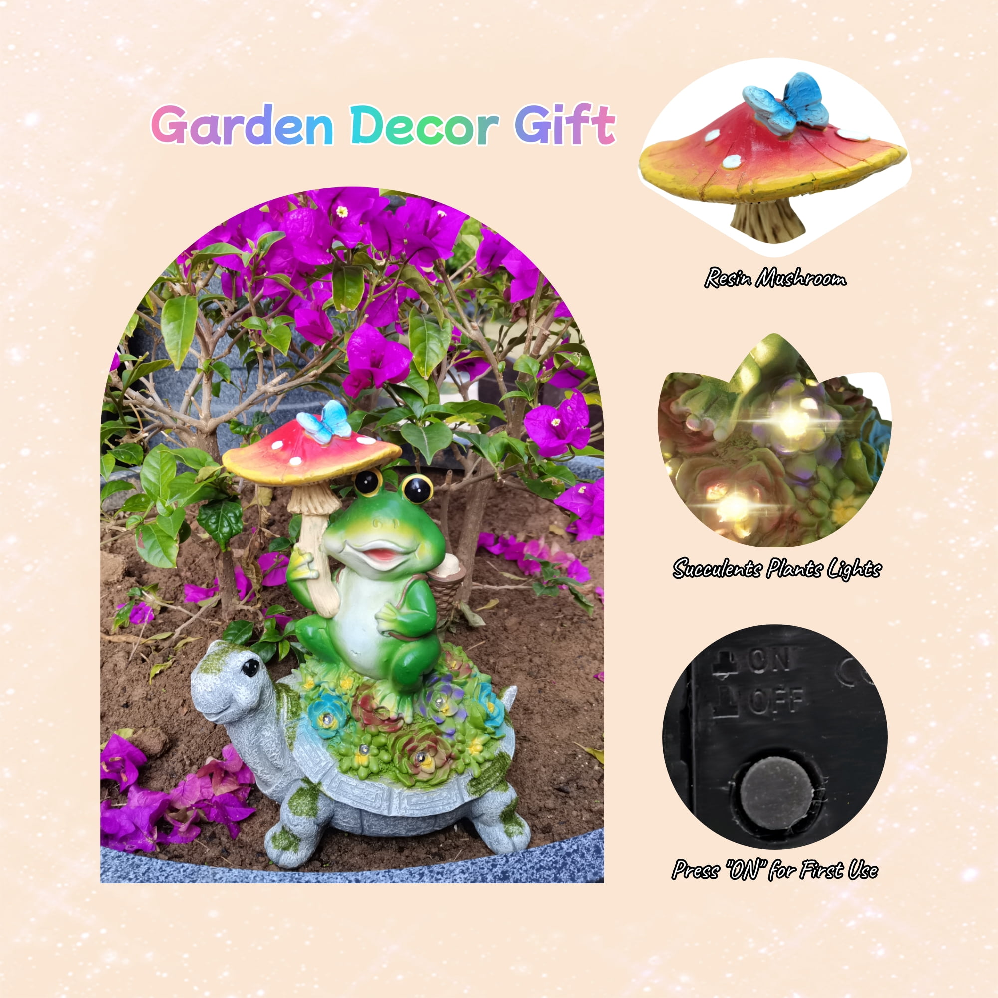 Outdoor Decor Turtle Solar Garden Statue, Frog Sit on Tortoise Holding Mushroom Sculpture