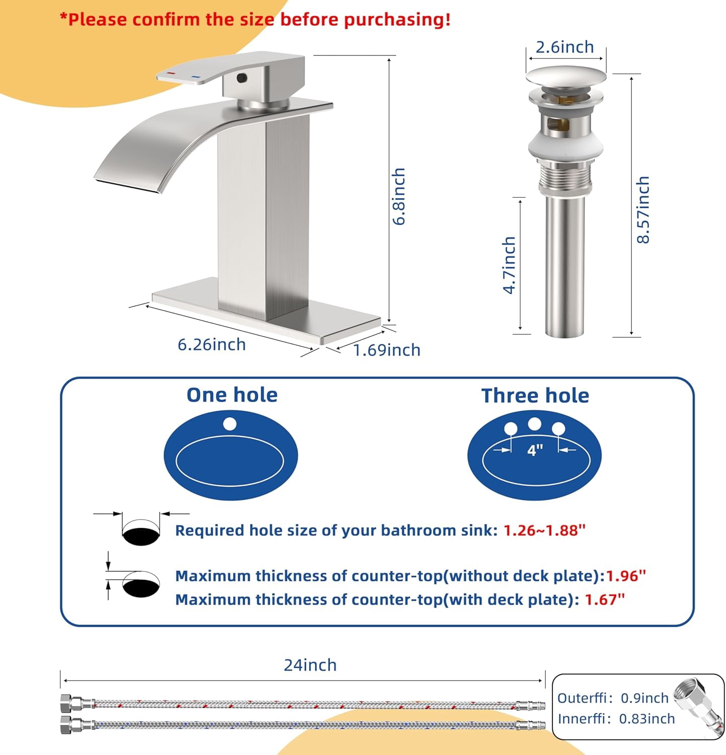 RUACQ Bathroom Faucets, Single Handle Bathroom Sink Waterfall Faucets for 1or 3 Hole, Stainless Steel Washbasin Mixer Tap with Deck, Pop-Up Drain and Supply Hoses (Short, Brushed Nickel)